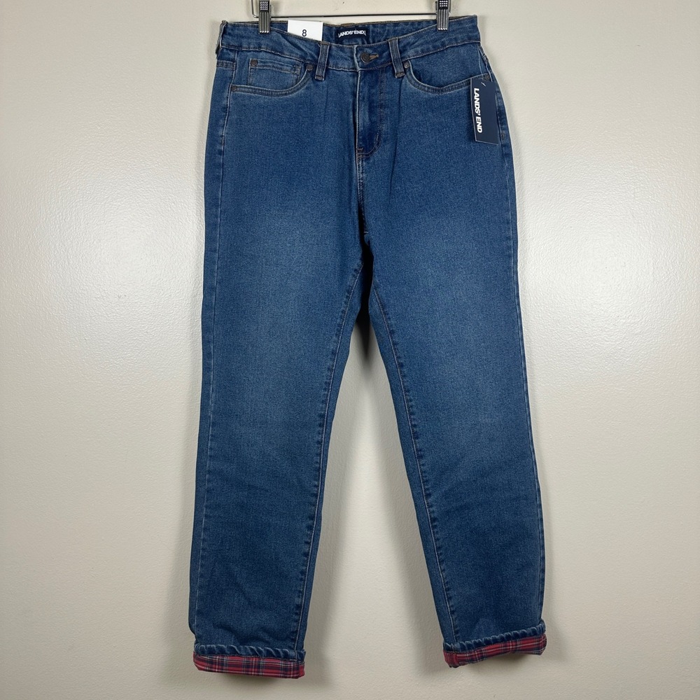 Lands' End Women's 8 Straight Leg Jeans Medium Wash‎ Flannel Lined Red Plaid NEW